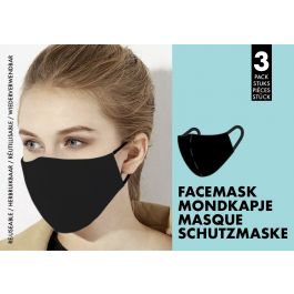 Wasbaar Mondkapje Unisex, Zwart [100% katoen] 3 stuks